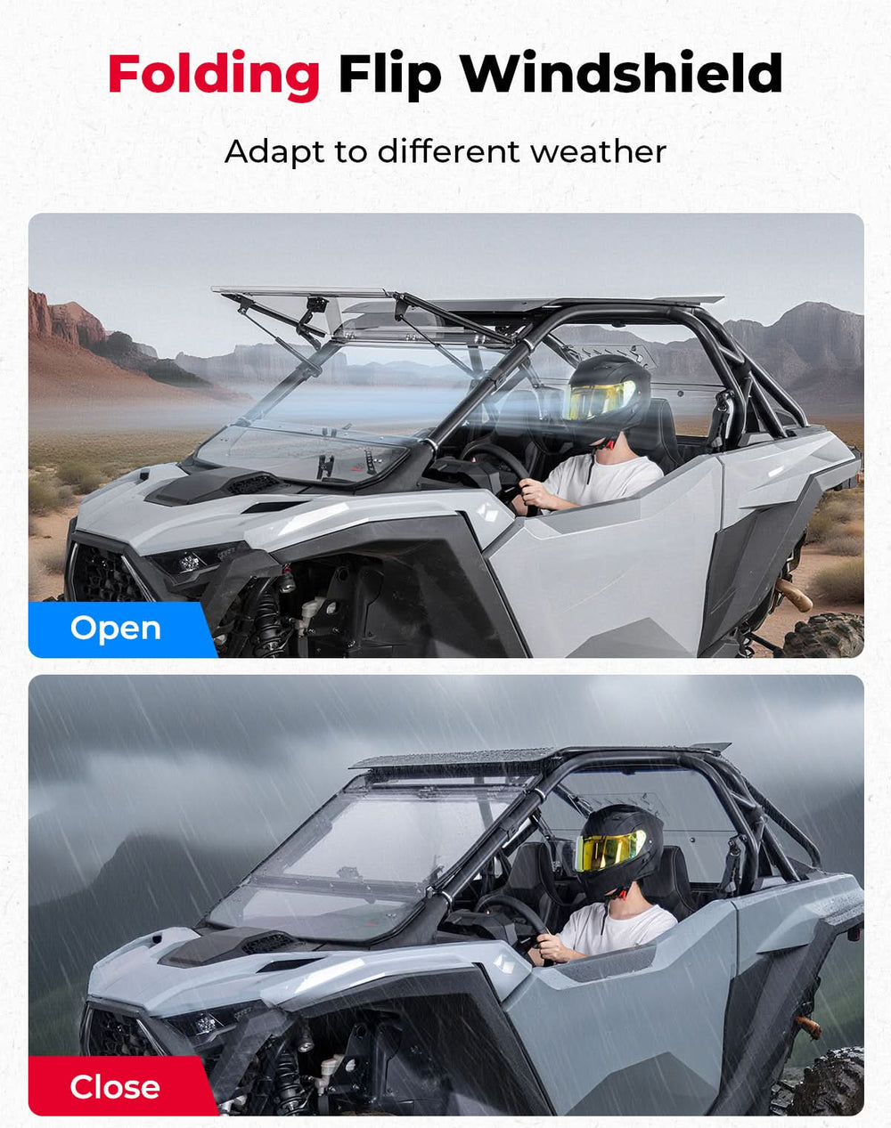 Folding flip windshield on a UTV with open and closed positions shown.