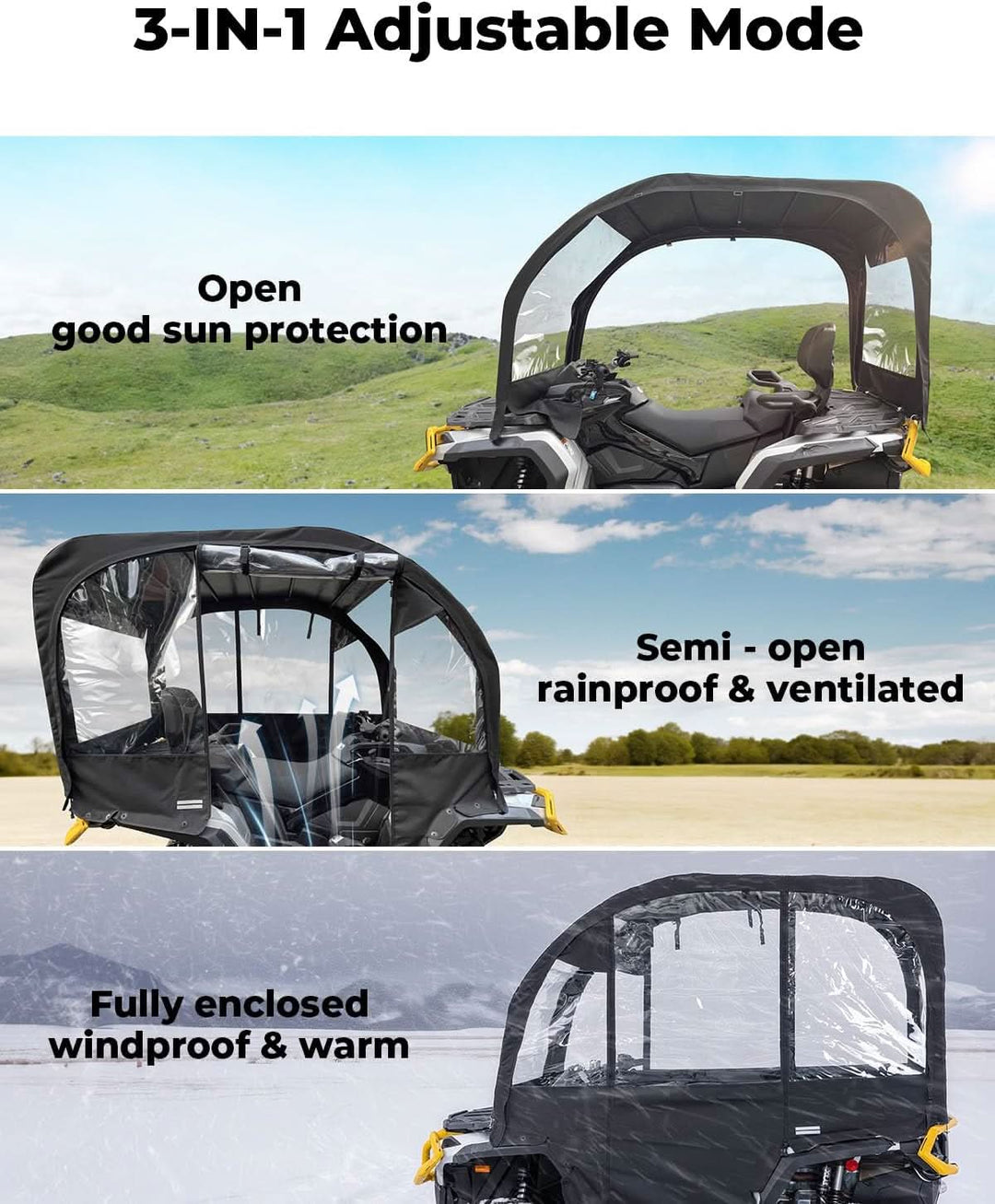 3-in-1 Extra Large ATV Cab Enclosure for Polaris, Can-Am, Kawasaki, Arctic Cat, CFMOTO