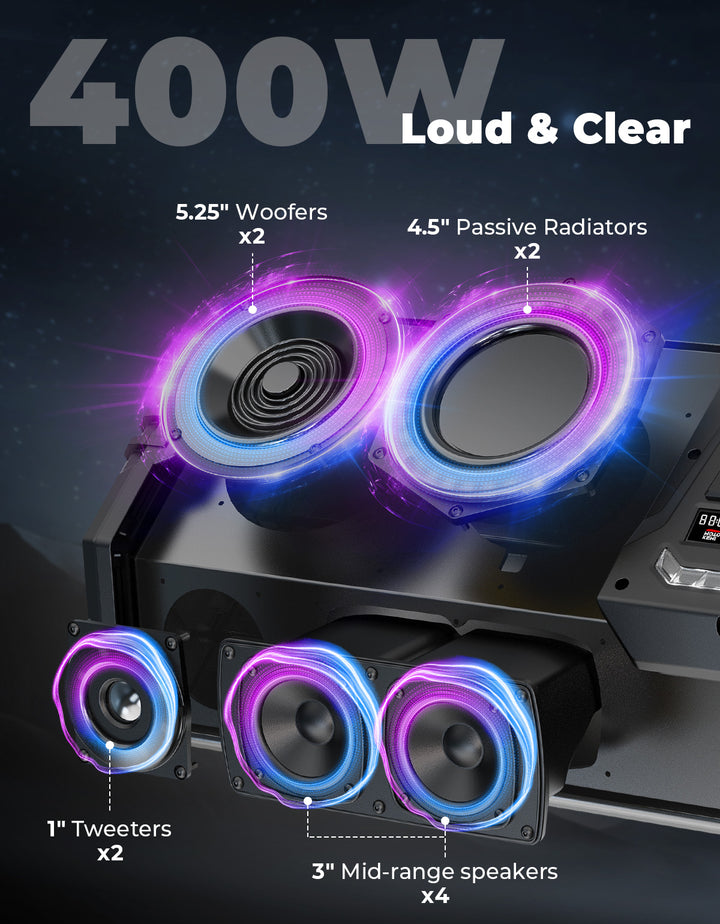 UTV Bluetooth Sound Bar 10 Speakers RGB Lights IP66 Waterproof Dustproof