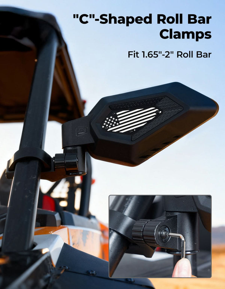 UTV Side Mirrors, Auto-Fold for RZR, Can-Am, Talon, Mule – US Flag Pattern
