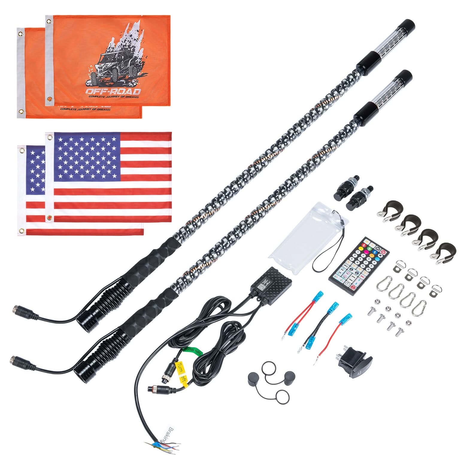 3FT LED Whip Lights 2PCS with Strobe & SOS Modes, Bluetooth App Control for Polaris RZR & Can-Am X3 - Kemimoto