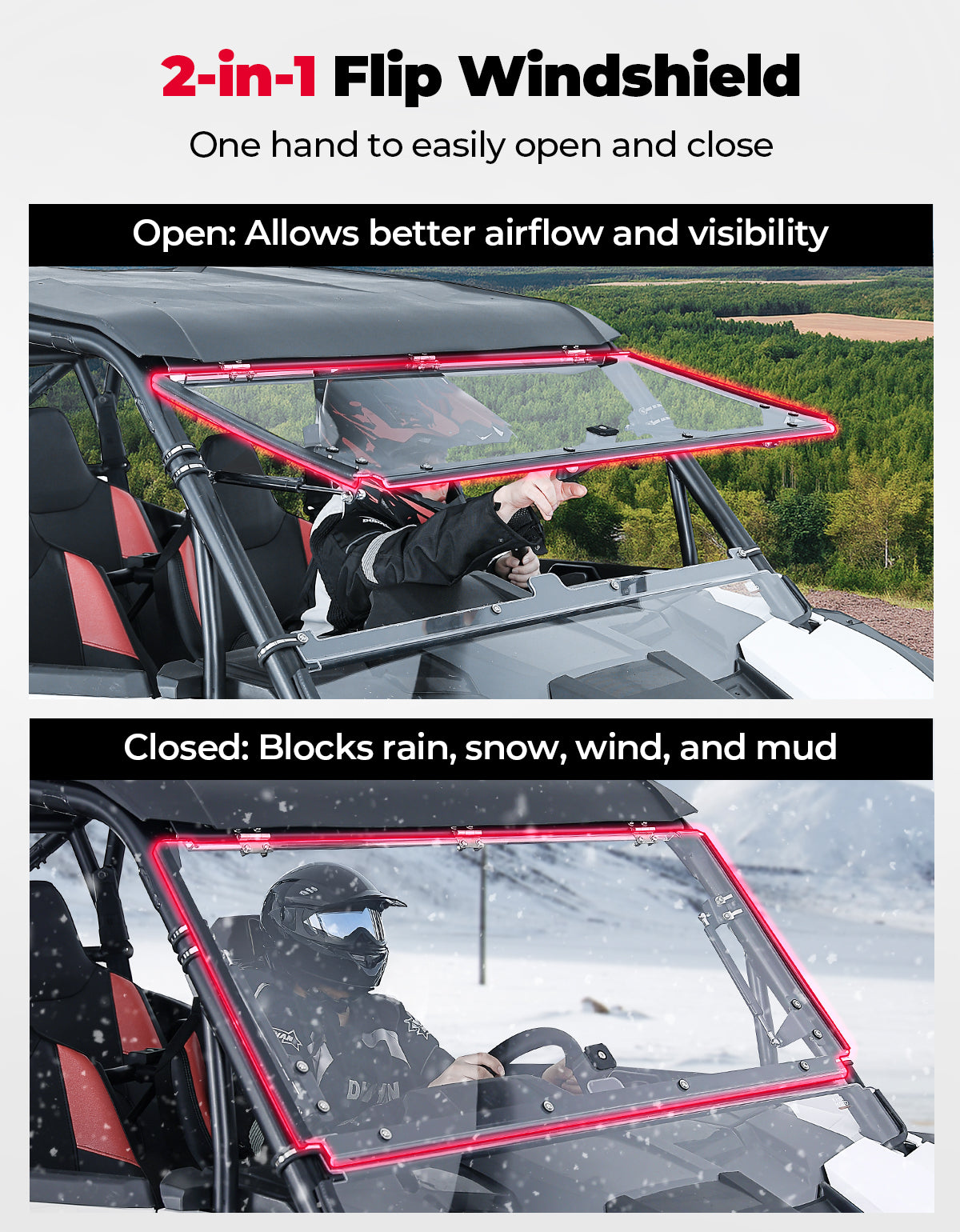 Full Flip Split Windshield Window for Polaris RZR XP 1000 / XP 4 1000 2024-2025 - Kemimoto