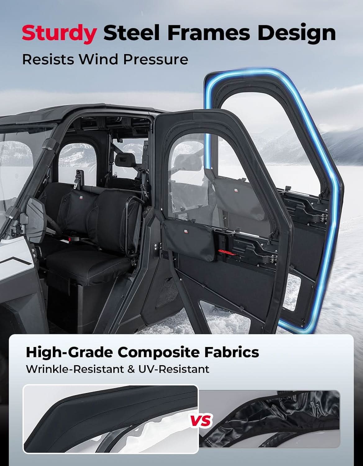 UTV Doors With Steel Frame for Polaris Ranger CREW XP 1000 2018-2025 - Kemimoto