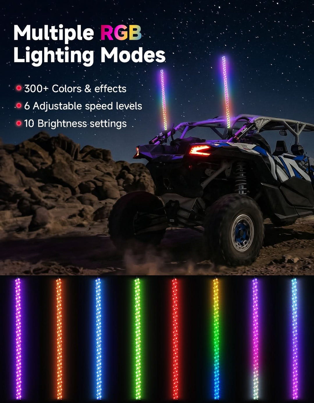 UTV/ATV Universal 3FT RGB Spiral LED Whip Lights (2PCS) - Kemimoto