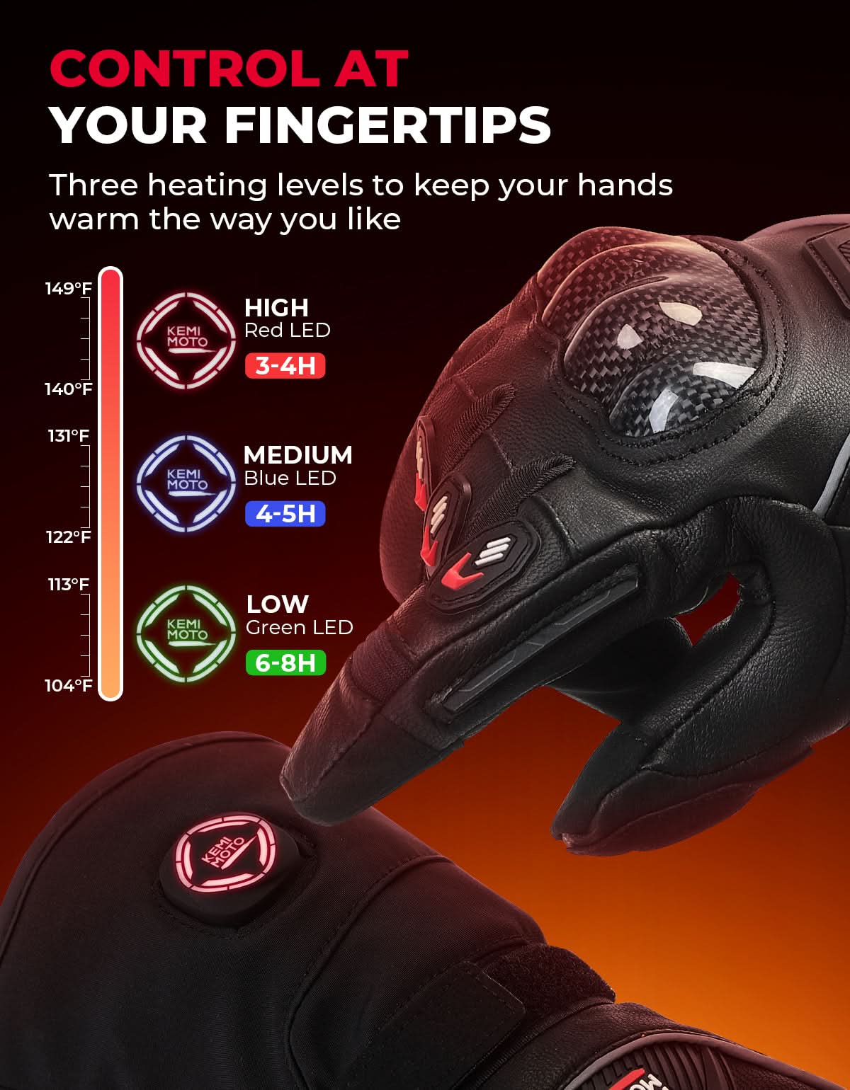 Heated Motorcycle Gloves Men Women 7.4V Battery Waterproof Touchscreen - Kemimoto