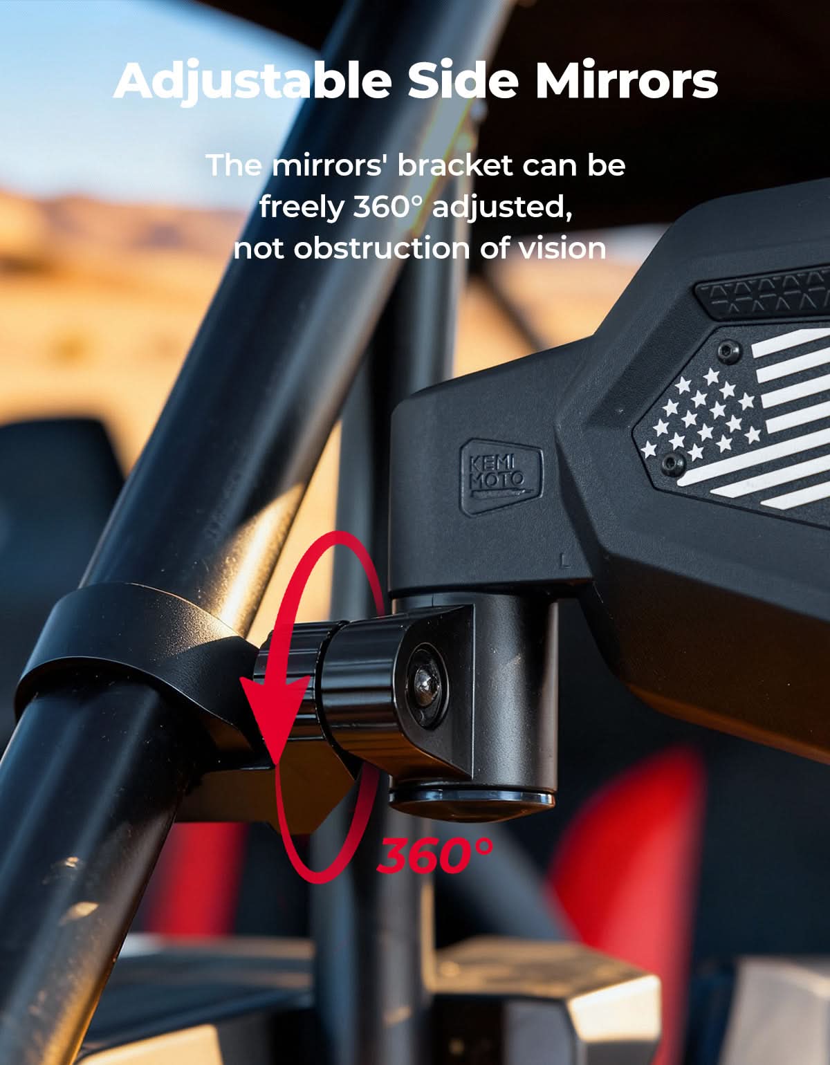 UTV Side Mirrors, Auto-Fold for RZR, Can-Am, Talon, Mule – US Flag Pattern - Kemimoto