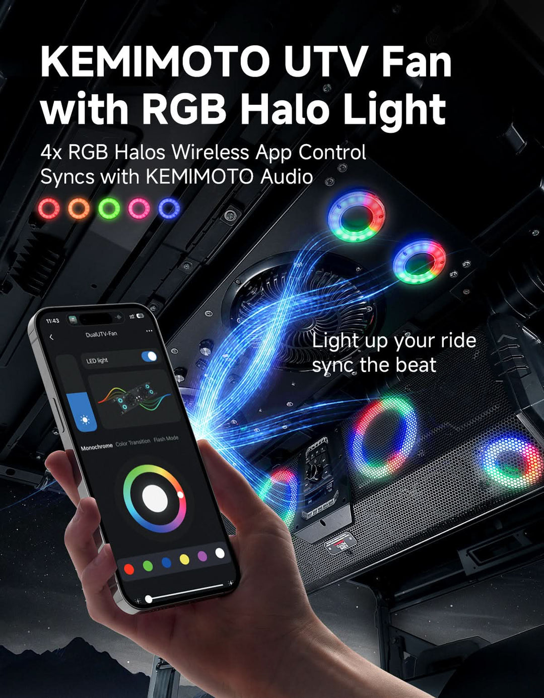 Overhead Fan with RGB for UTV with 57-42 Inch Roof Width for Polaris Ranger, RZR, Can-Am Defender, CFMOTO Uforce - Kemimoto