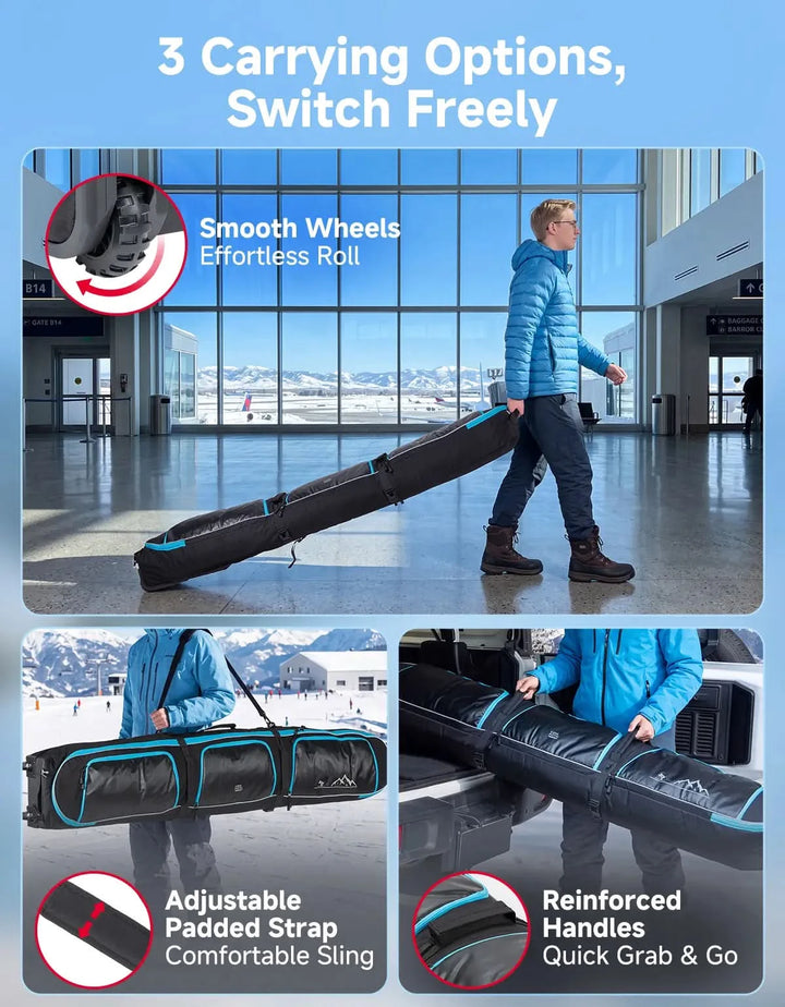 Padded Ski Bag with Wheels For Skis and Snowboards, Boot Bag Combo