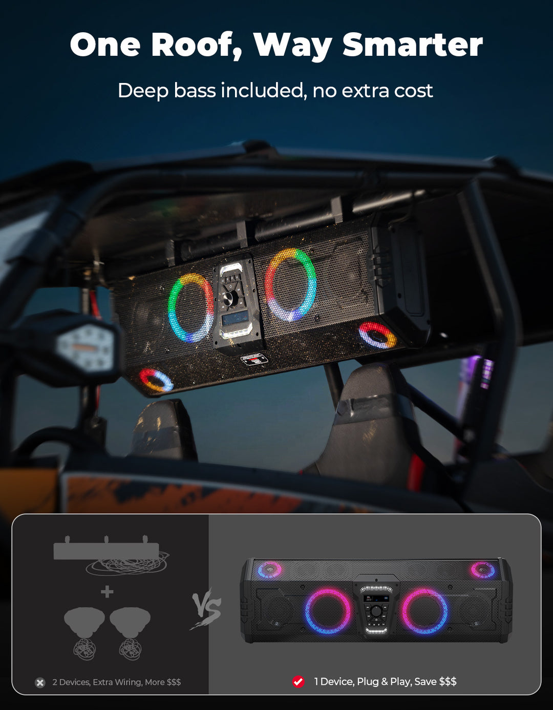 UTV Bluetooth Sound Bar 10 Speakers RGB Lights IP66 Waterproof Dustproof