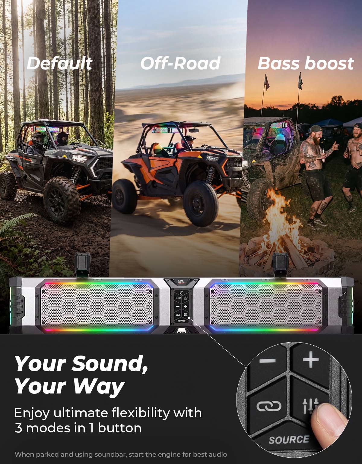 Barra de sonido UTV KEMIMOTO Midnight S80 Gen2 para Can-Am Polaris, potencia máxima de 680 W, resistente al agua IP66 y cuatro radiadores pasivos