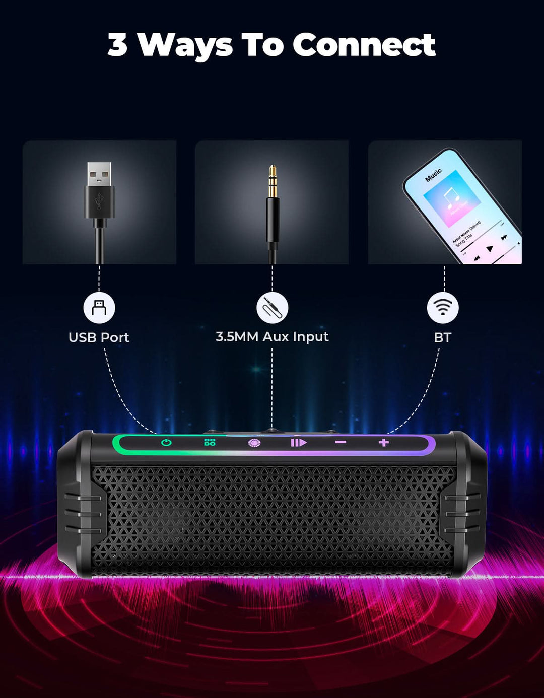 Motorcycle Bluetooth Speakers Waterproof ATV Sound Bar with AUX USB and RGB Lighting - Kemimoto