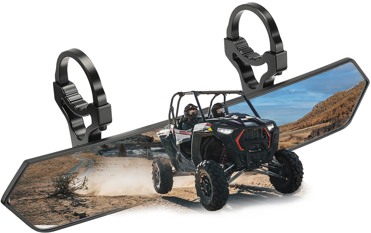 Kemimoto UTV rear view mirror with a Polaris RZR riding through the Nevada desert, representing the brand's off-road heritage.