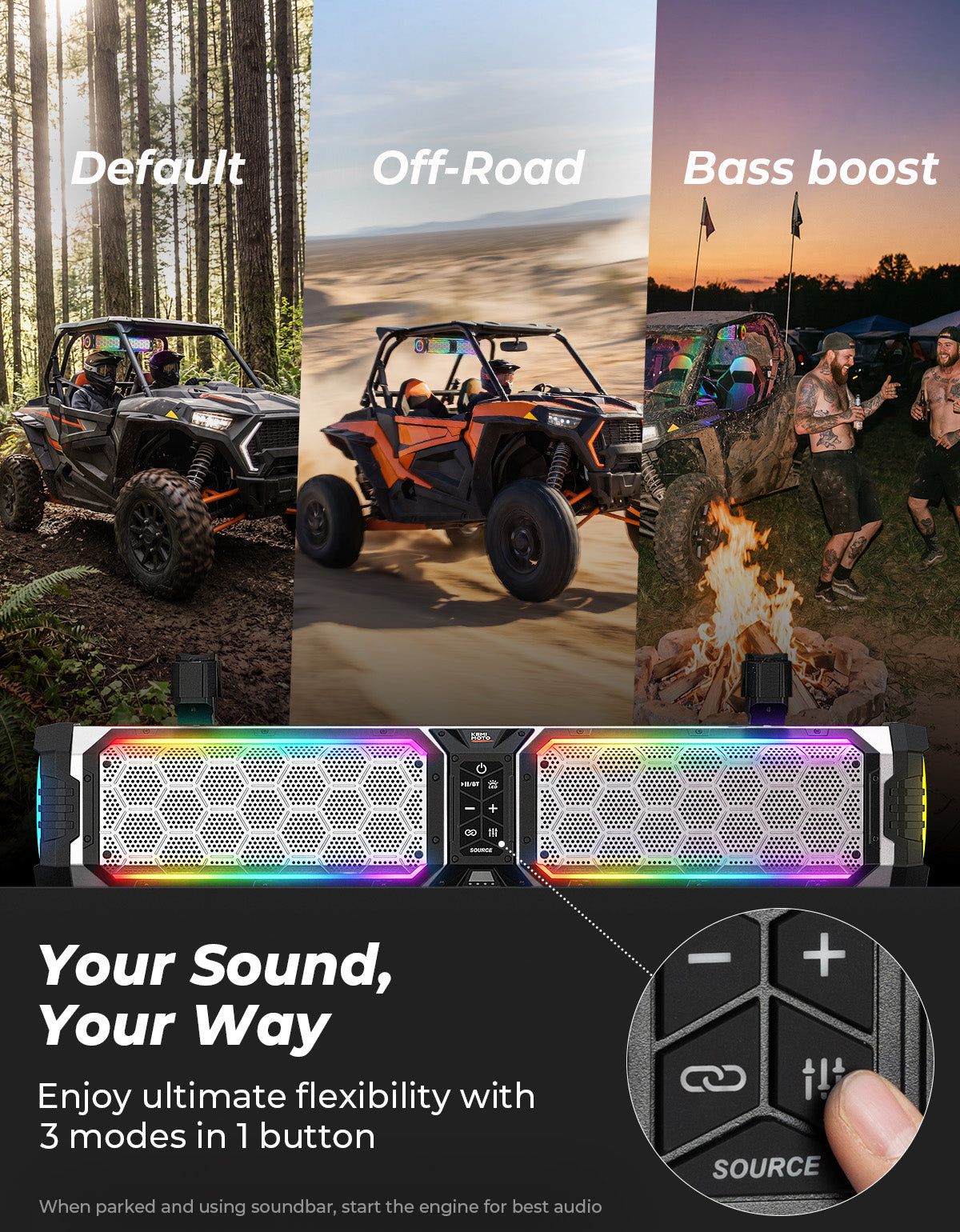 KEMIMOTO Midnight S70 Gen2 UTV Soundbar For Can am Polaris 680W Max Power, IP66 Waterproof & Quad Passive Radiators