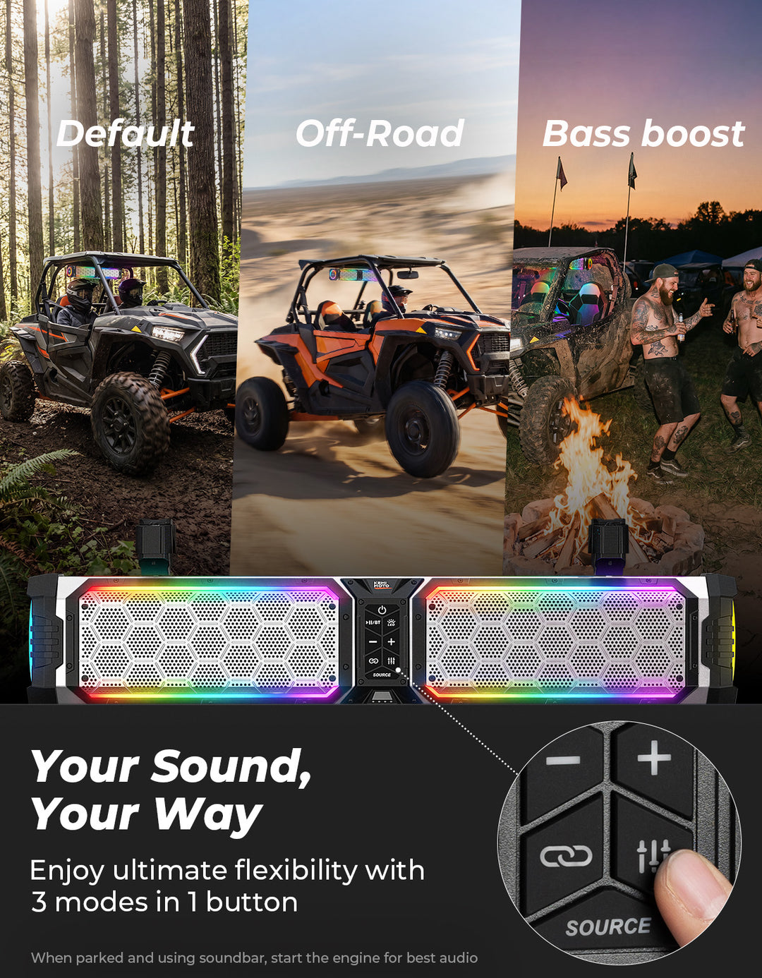 KEMIMOTO Midnight S70 Gen2 UTV Soundbar For Can am Polaris 680W Max Power, IP66 Waterproof & Quad Passive Radiators