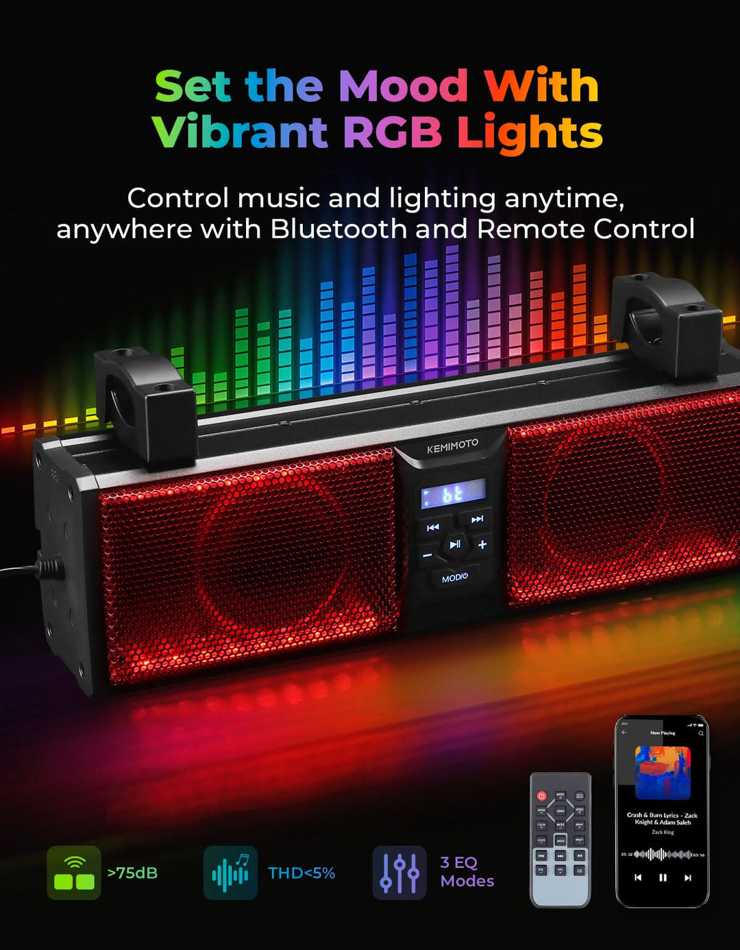 UTV/ATV Universal 17" Bluetooth 2.1CH Sound Bar with RGB Lights - Kemimoto