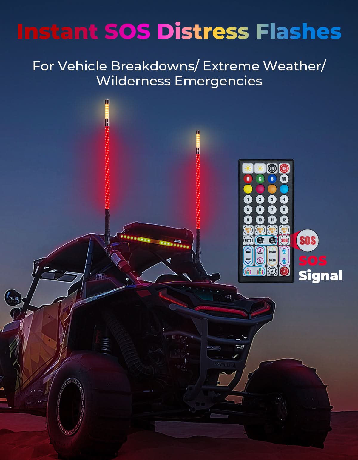 3FT LED Whip Lights 2PCS with Strobe & SOS Modes, Bluetooth App Control for Polaris RZR & Can-Am X3 - Kemimoto