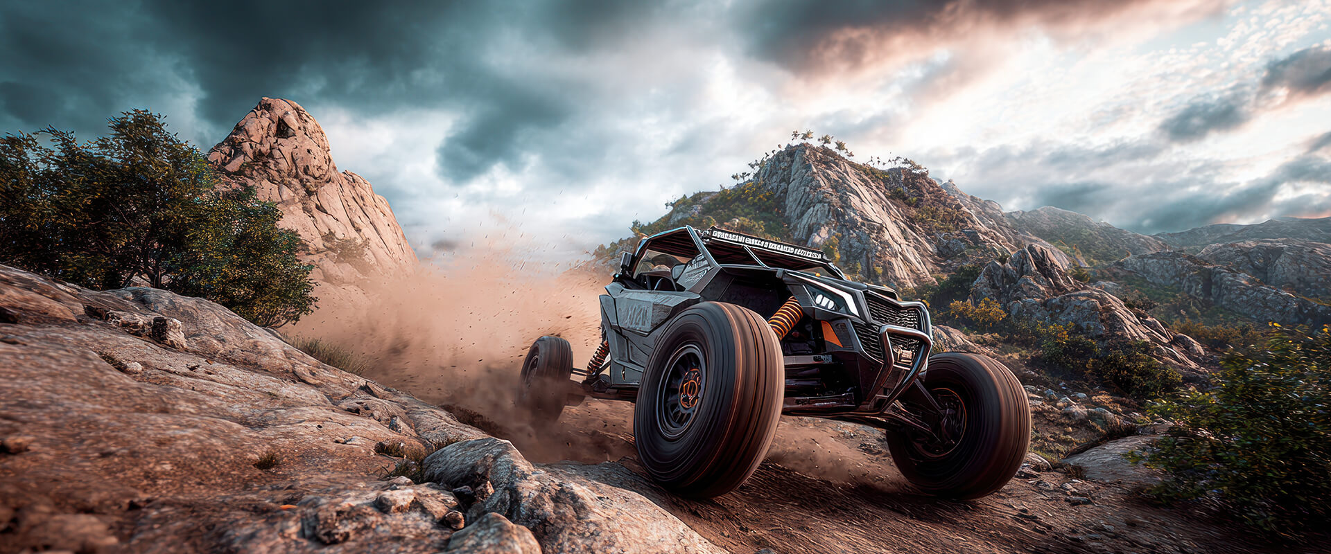 Heavy-duty sport UTV equipped with off-road tires climbing a steep mountain trail, specialized for rugged adventure gear.