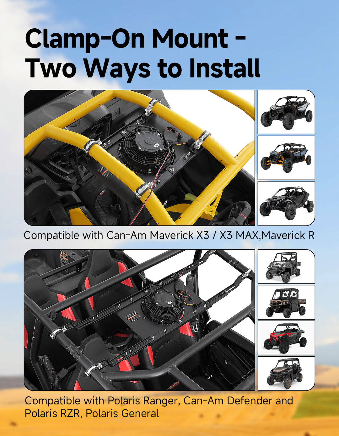 Single Overhead Fan for UTV with 37-53 inch Roof Width for Polaris Can-Am - Kemimoto