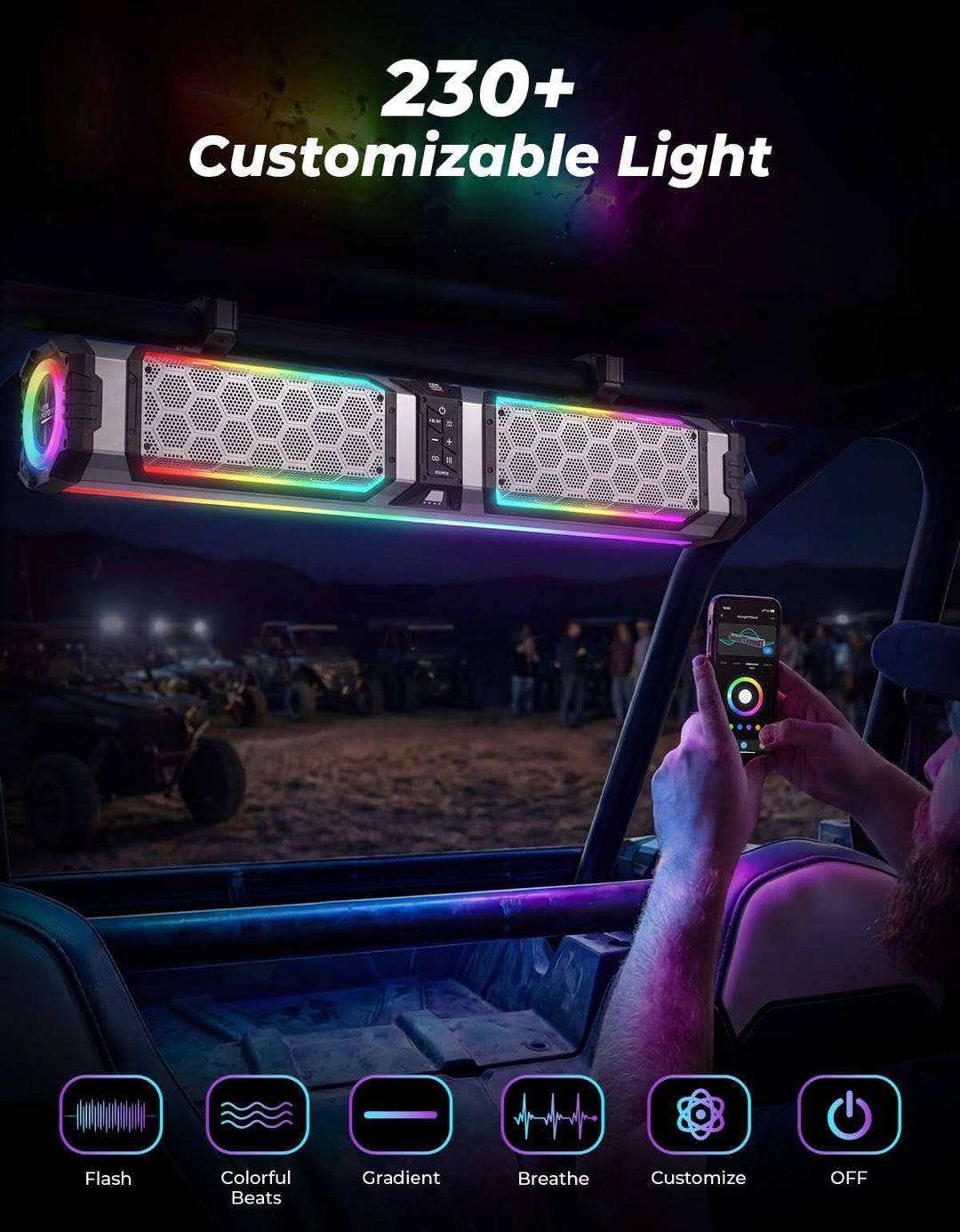KEMIMOTO Midnight S80 Gen2 UTV Soundbar For Can am Polaris 680W Max Power, IP66 Waterproof & Quad Passive Radiators