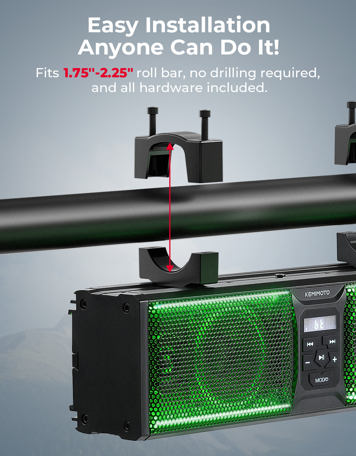 16” RGB Universal Sound Bar for Can Am Maverick X3/ RZR w/ 1.75''-2.25'' Roll Bar - Kemimoto