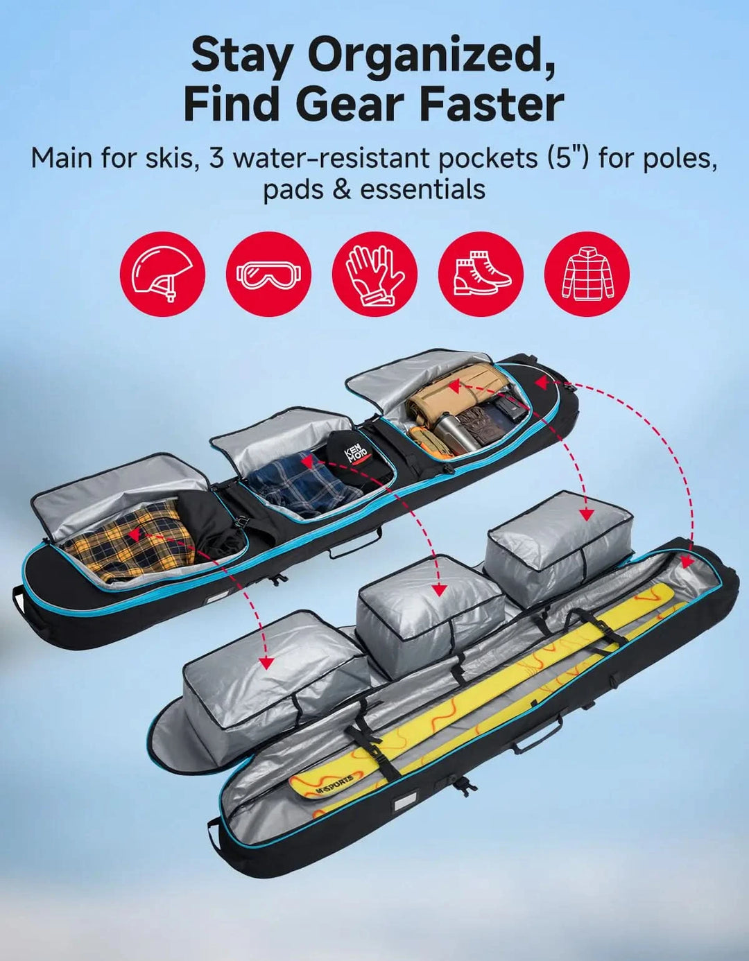 Padded Ski Bag with Wheels For Skis and Snowboards, Boot Bag Combo