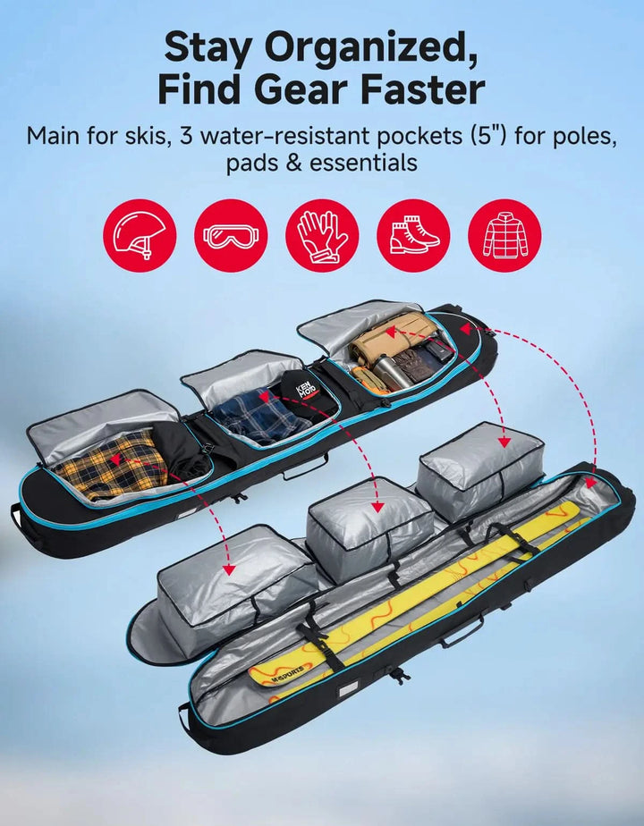 Padded Ski Bag with Wheels For Skis and Snowboards, Boot Bag Combo