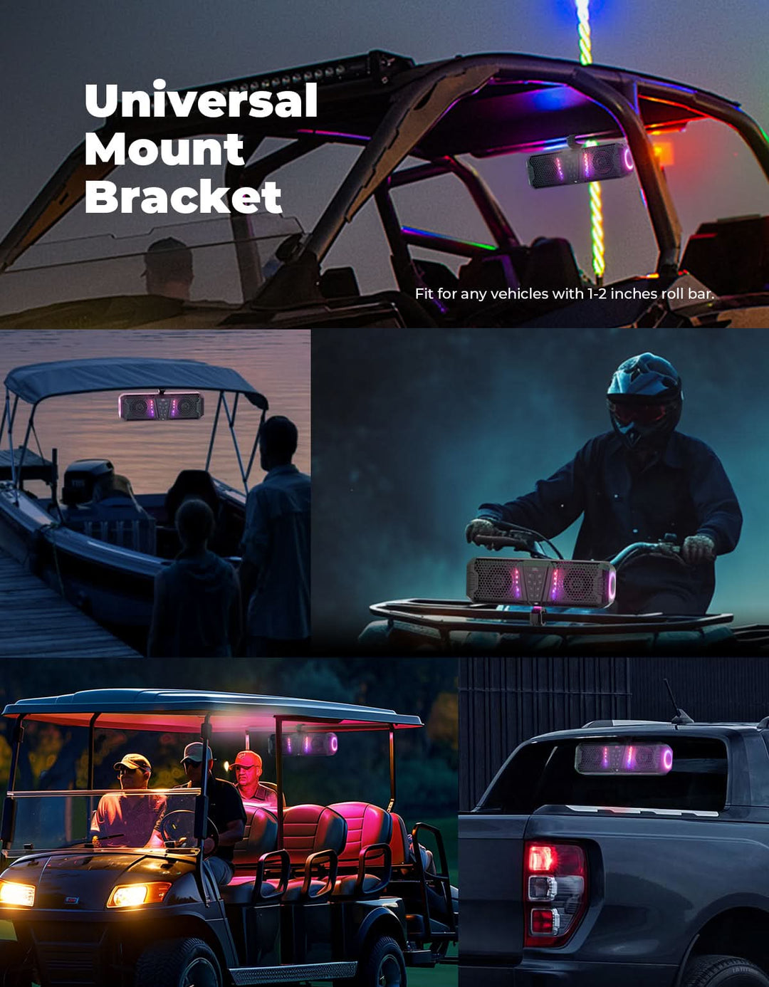 Midnight 40 16" Bluetooth Sound Bar –2025 Compact RGB UTV Speaker for Golf Cart, ATV, Polaris RZR - Kemimoto