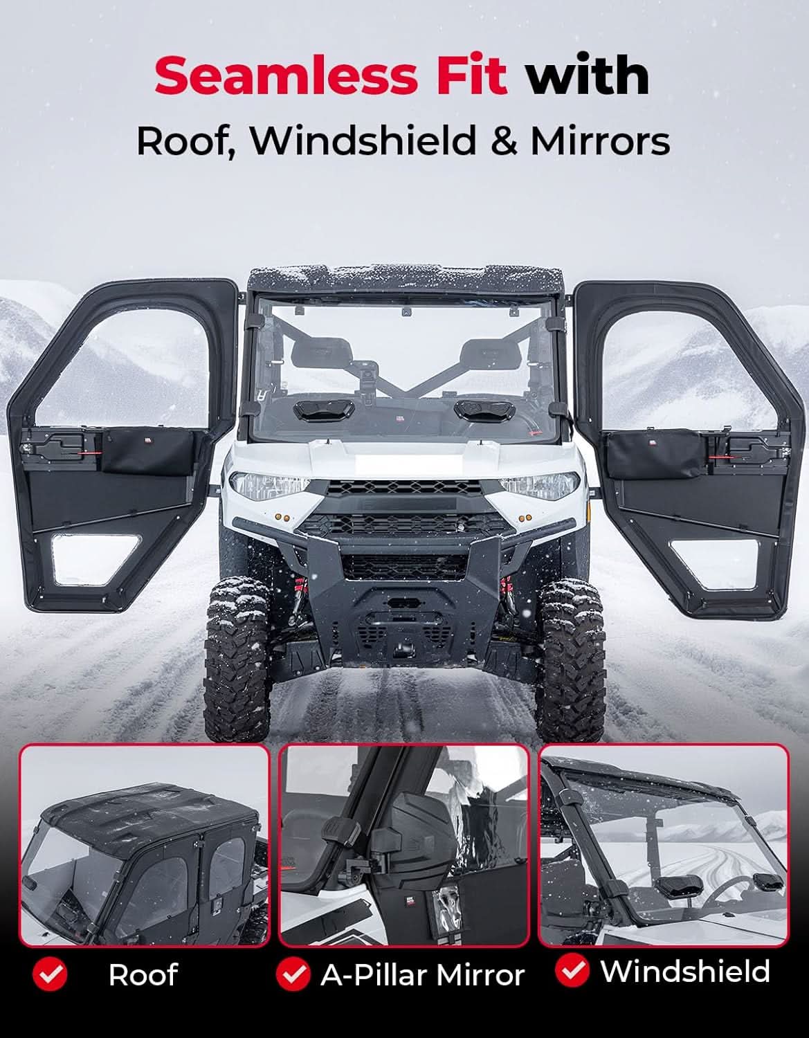 UTV Doors With Steel Frame for Polaris Ranger CREW XP 1000 2018-2025 - Kemimoto