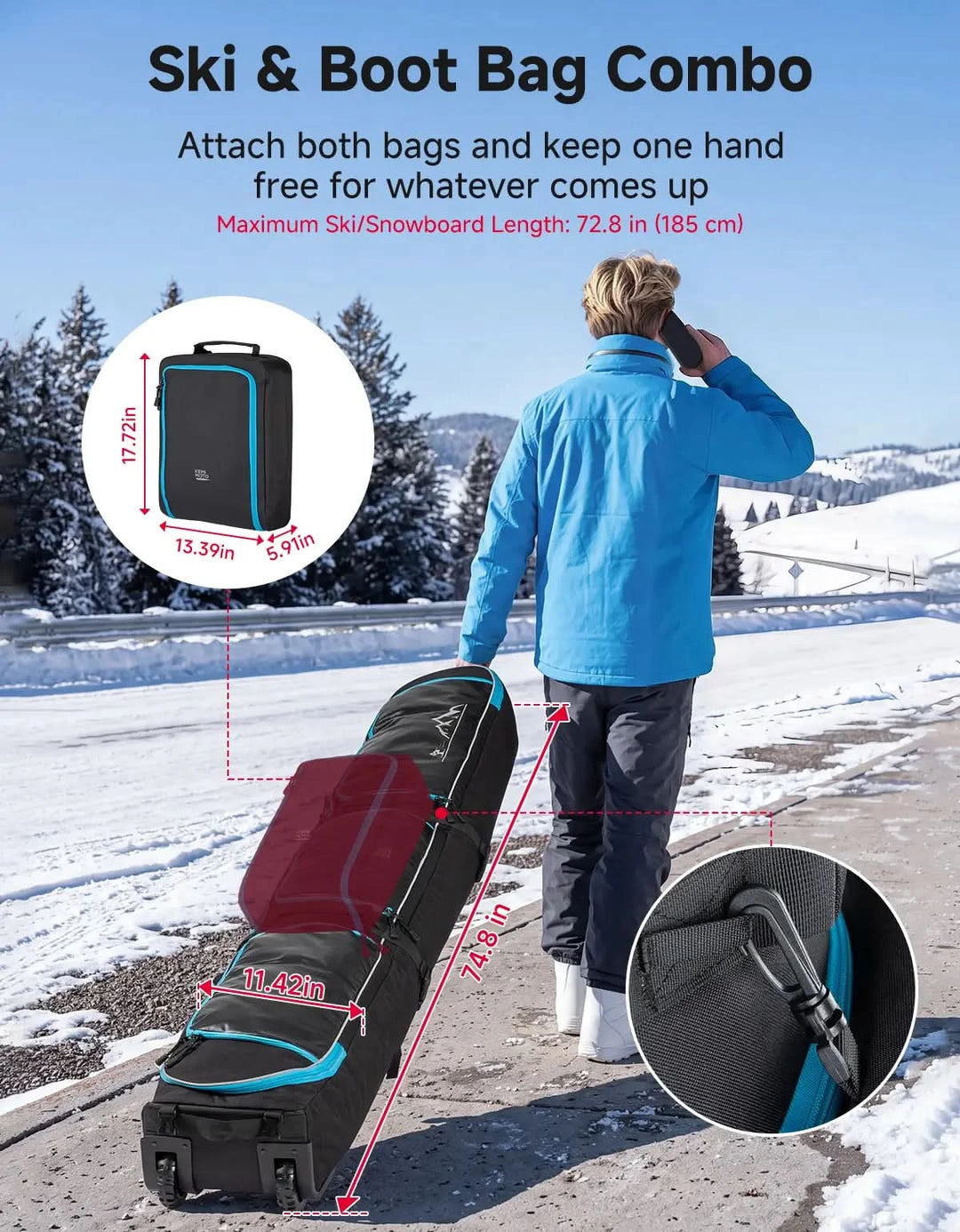 Padded Ski Bag with Wheels For Skis and Snowboards, Boot Bag Combo