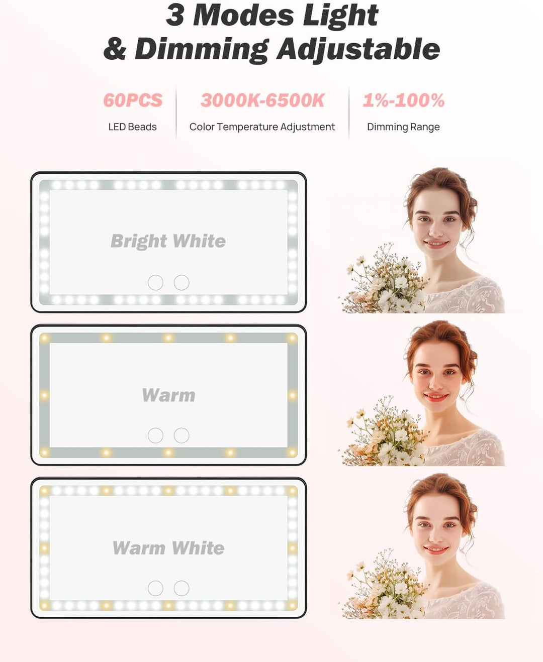 JOYTUTUS Car Sun Visor Vanity Mirror with 3 Light Modes & 60 LEDs - Kemimoto