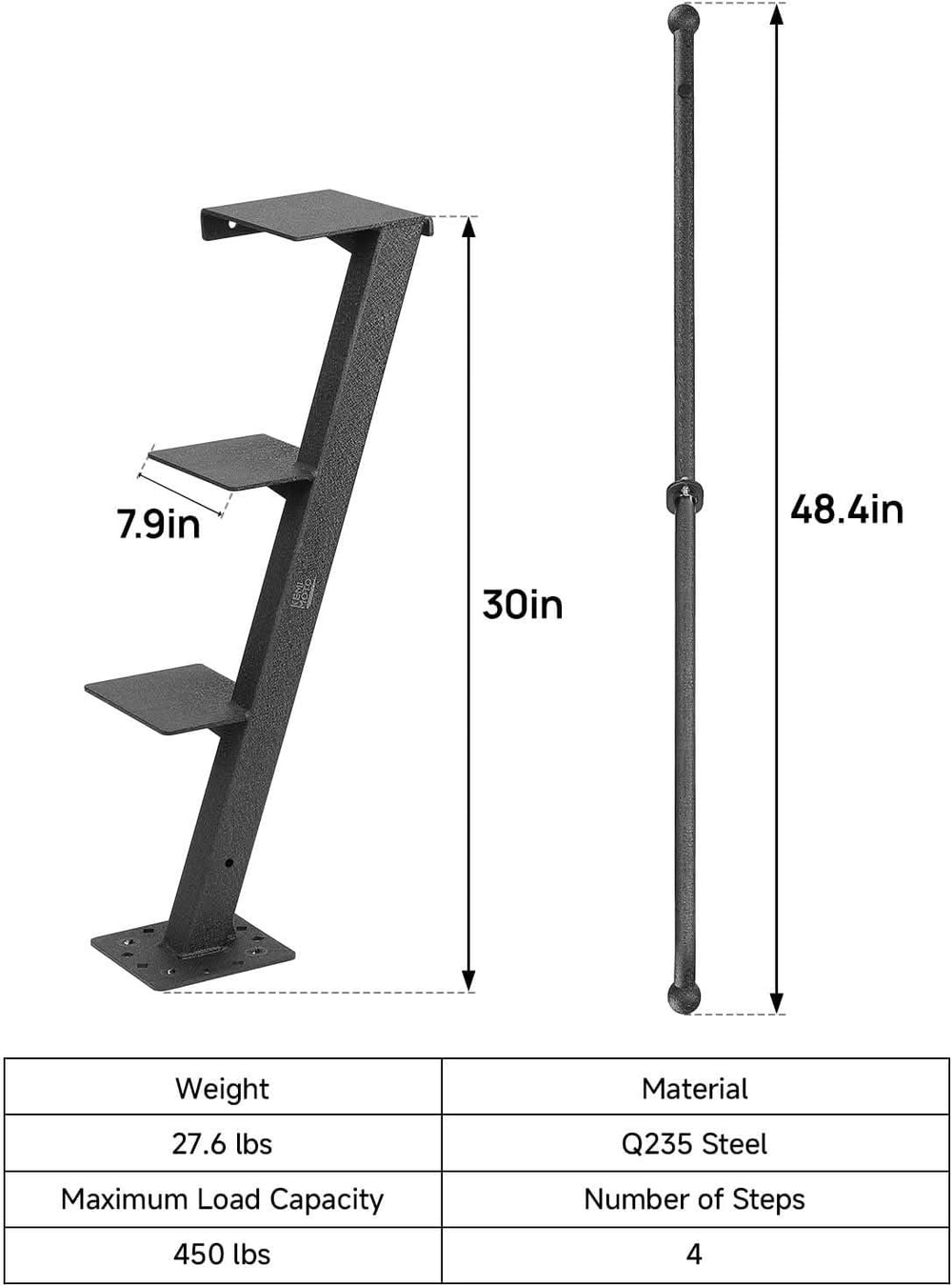 Boat Trailer 4-Step Boarding Ladder with Handrail for Bass Boat Pontoon and Aluminum Trailers - Kemimoto