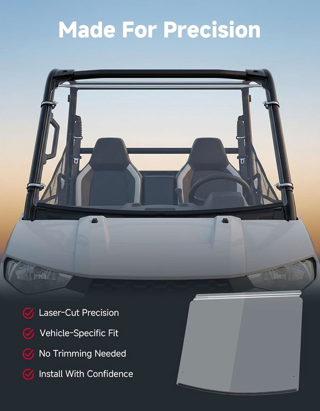 UTV Front Windshield Scratch-Resistant for Polaris Ranger 150 EFI Youth 2018+ - Kemimoto