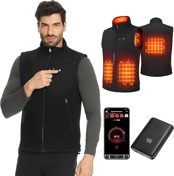 Men's Heated Vest by APP Temp Control for Skiing Hiking Hunting - Kemimoto