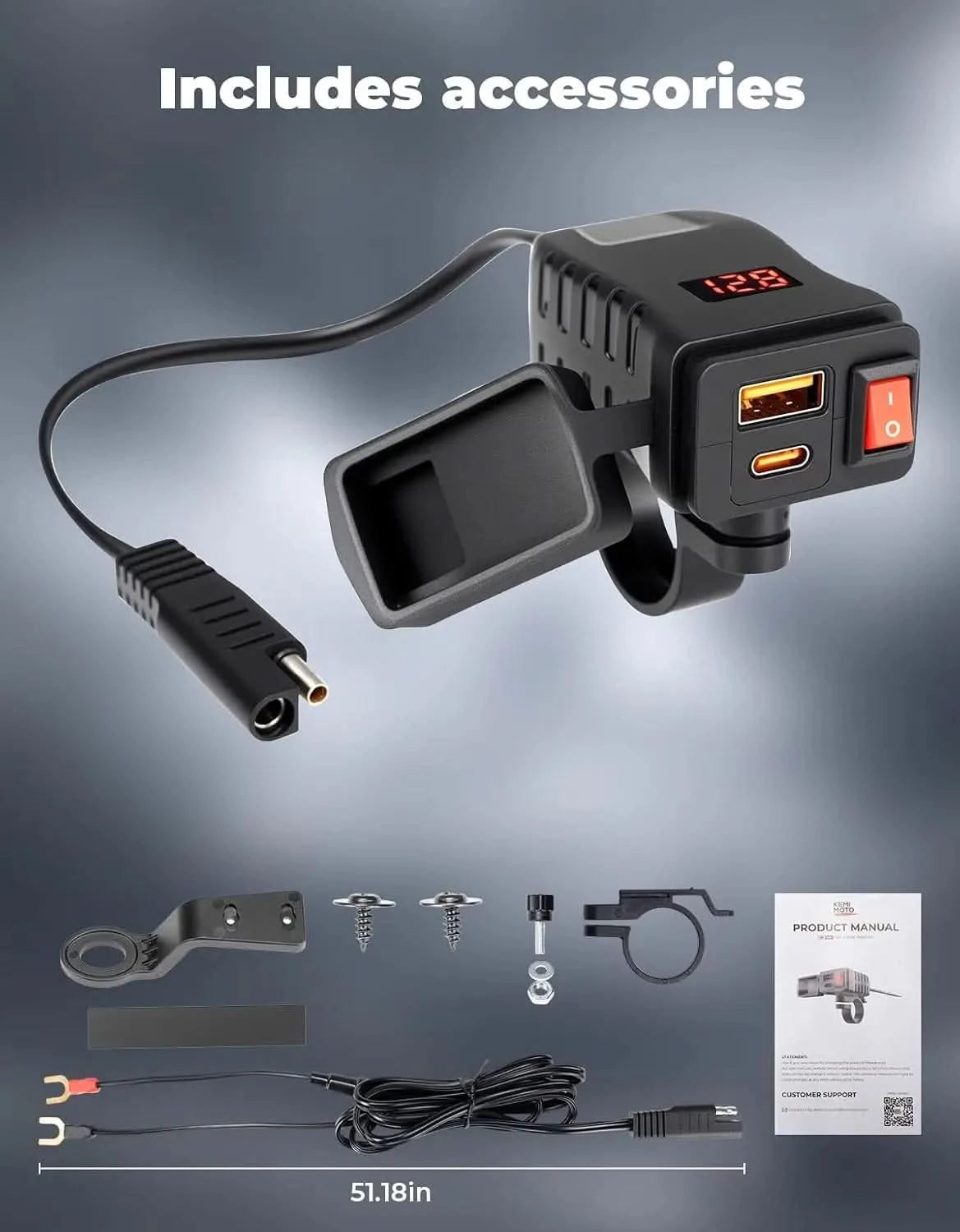 USB Charger for Motorcycle with USB-C & USB-A