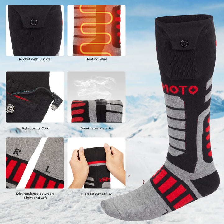 Winter Heated Socks with Rechargeable Battery Black Red - Kemimoto