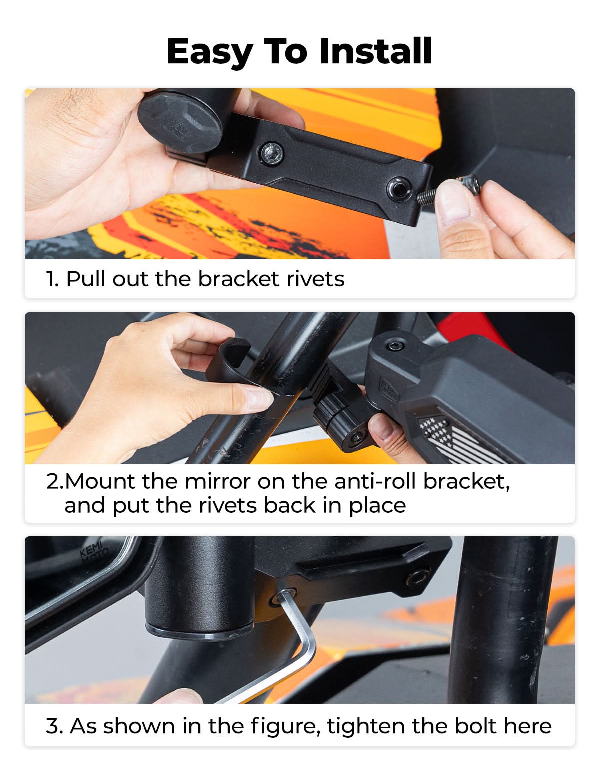 UTV Side Mirrors, Auto-Fold for RZR, Can-Am, Talon, Mule – US Flag Pattern - Kemimoto