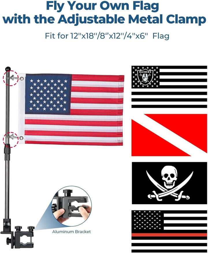 2-Pack Boat American Flag Pole Kit with 360° Adjustable Mount for Pontoon Rails and Golf Carts - Kemimoto
