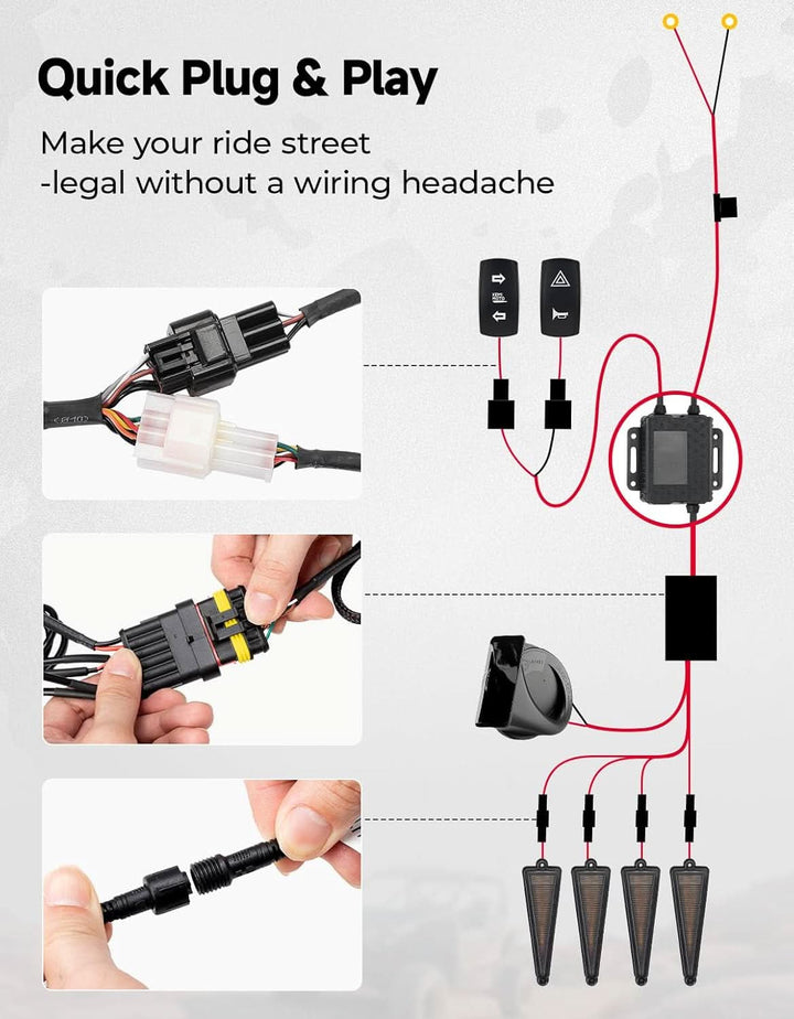 4 Triangle UTV Turn Signal Light Kit with Horn & License Plate Holder for Polaris, Can-Am, Teryx, CFMOTO - Kemimoto