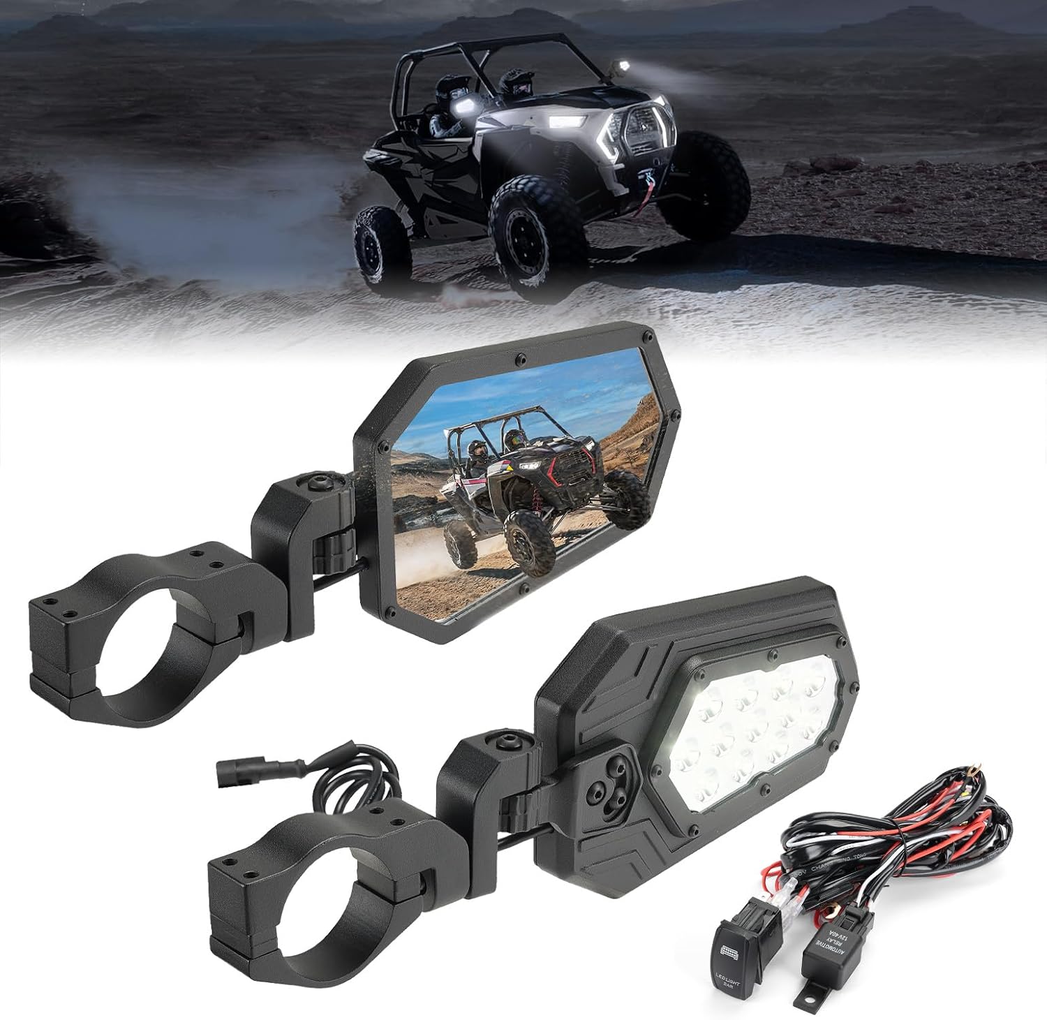 Aluminum UTV Side Mirrors Lights for Can Am Maverick X3/ RZR w/ 1.75
