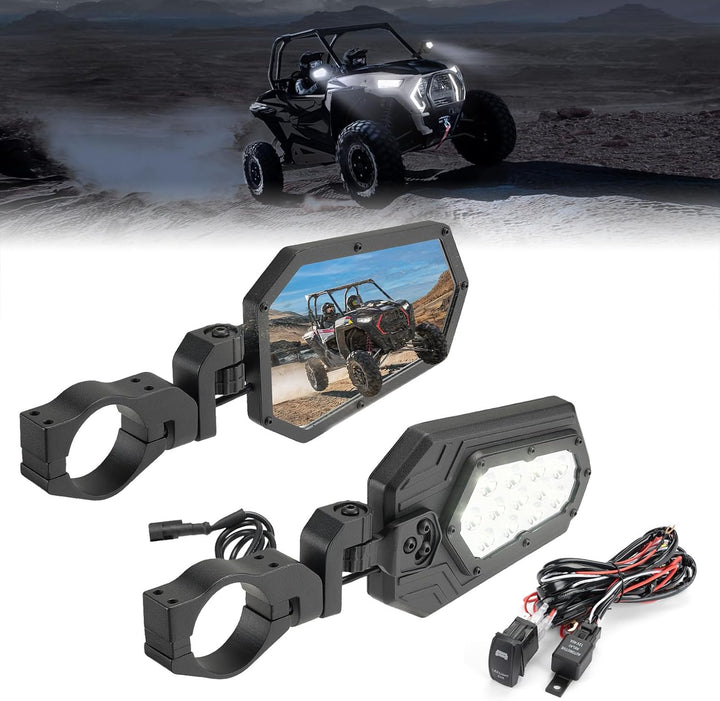Aluminum UTV Side Mirrors Lights for Can Am Maverick X3/ RZR w/ 1.75"-2" Roll Bar - Kemimoto
