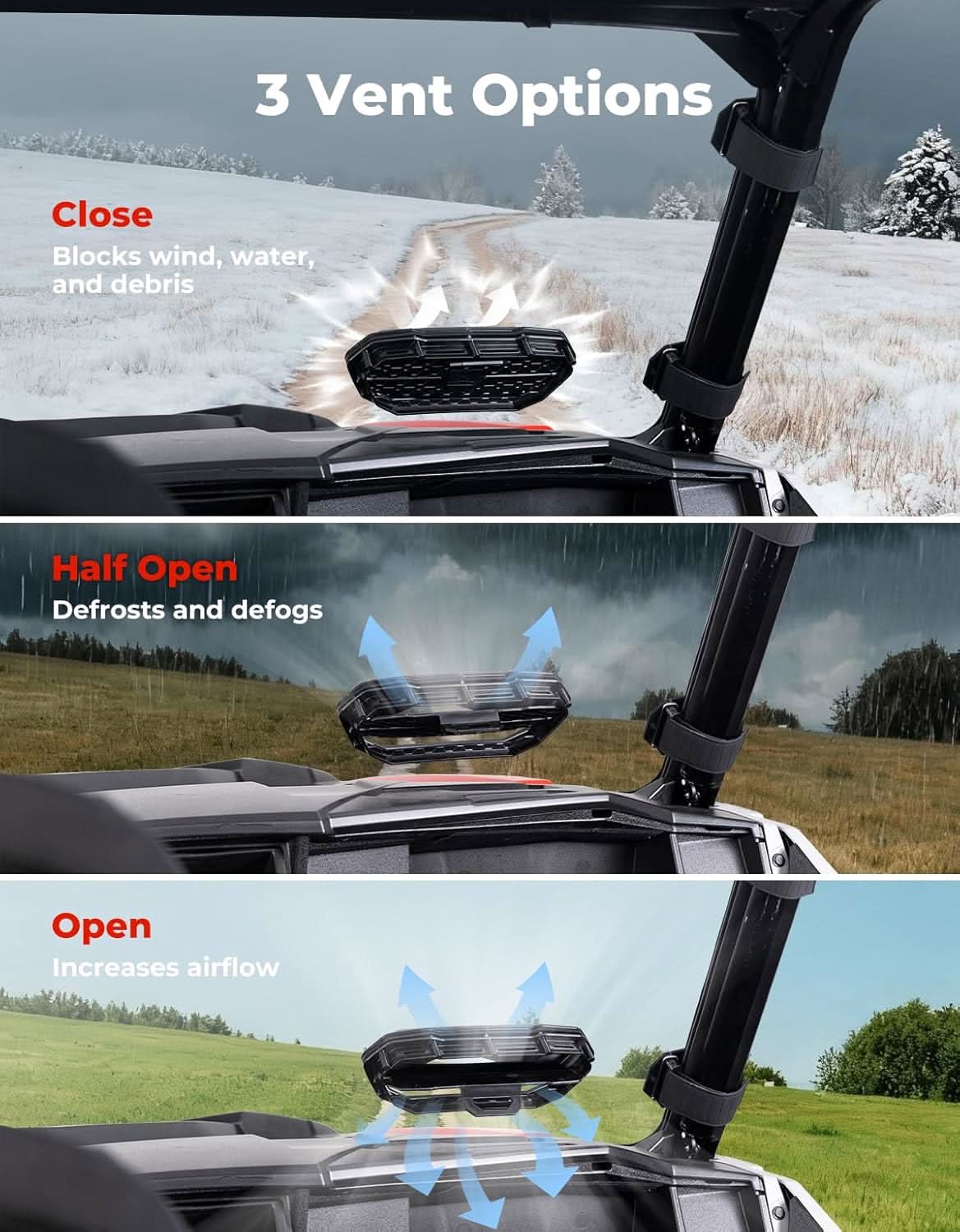 Vented Front Full Windshield for Polaris General 1000 / 4 1000 / XP 1000 / XP 4 1000 (2016-2026) - Kemimoto