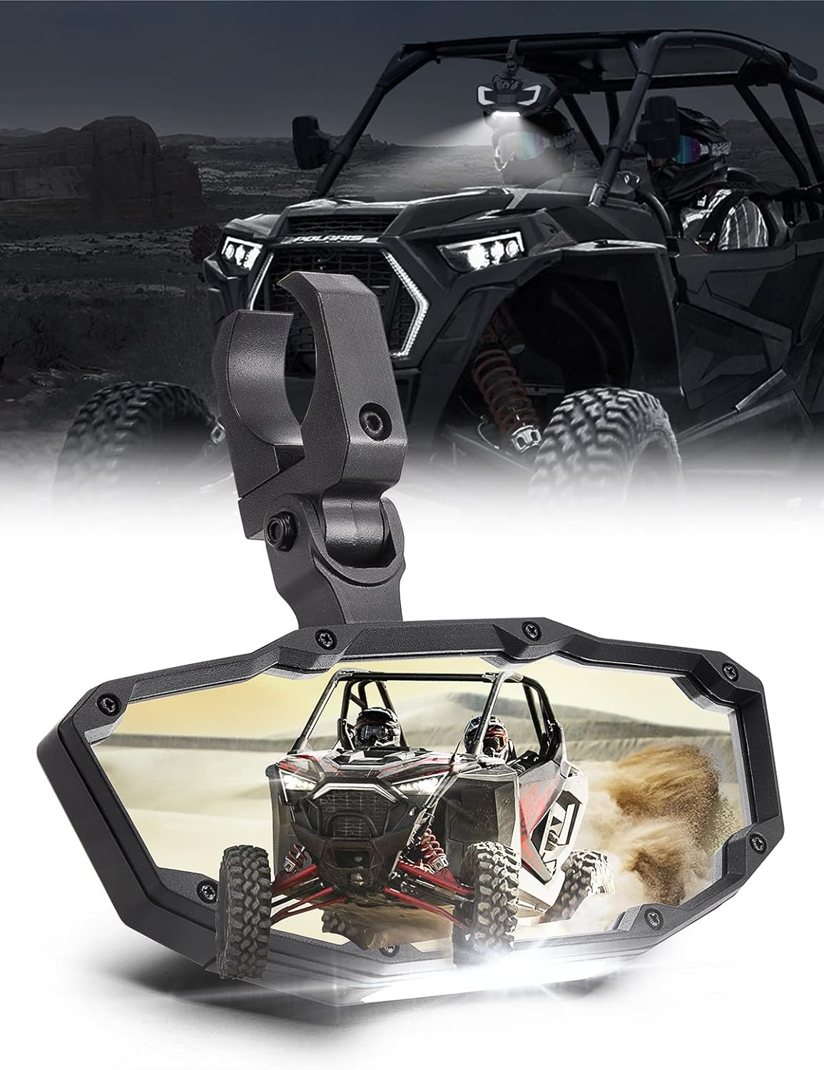 Rear View Mirror with Light Built-in Rechargeable Battery, Fits 1.65