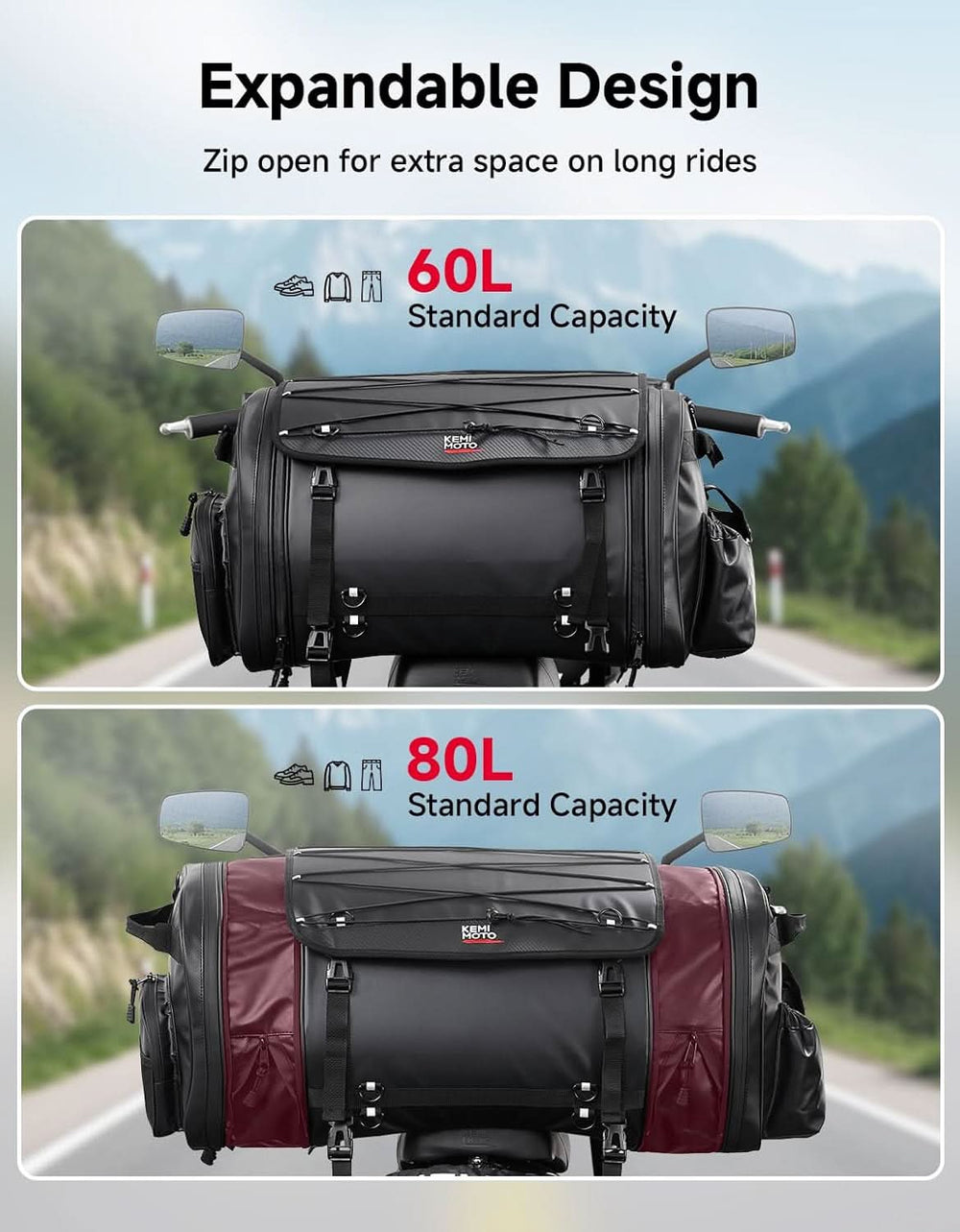 60–80L Expandable Tail Bag For Motorcycle Travel - Kemimoto