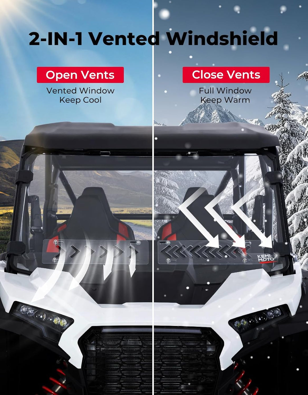 2-IN-1 Vented Windshield Pre-Installed Rubber Strip for 2024-2026 Polaris RZR XP 1000 / RZR XP 4 1000 - Kemimoto