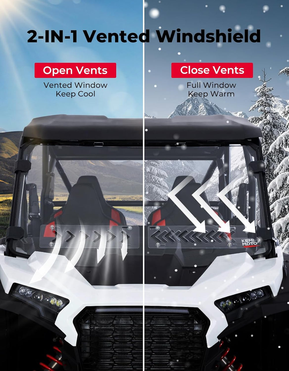 2-IN-1 Vented Windshield Pre-Installed Rubber Strip for Polaris RZR XP 1000 / RZR XP 4 1000 2024-2026 - Kemimoto