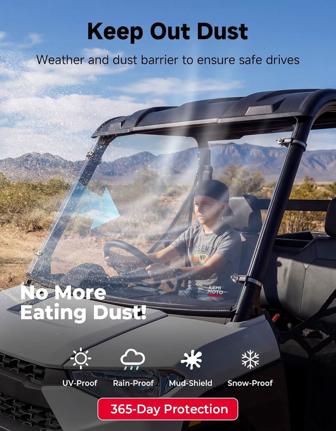 UTV Front Windshield Scratch-Resistant for Polaris Ranger 150 EFI Youth 2018+ - Kemimoto