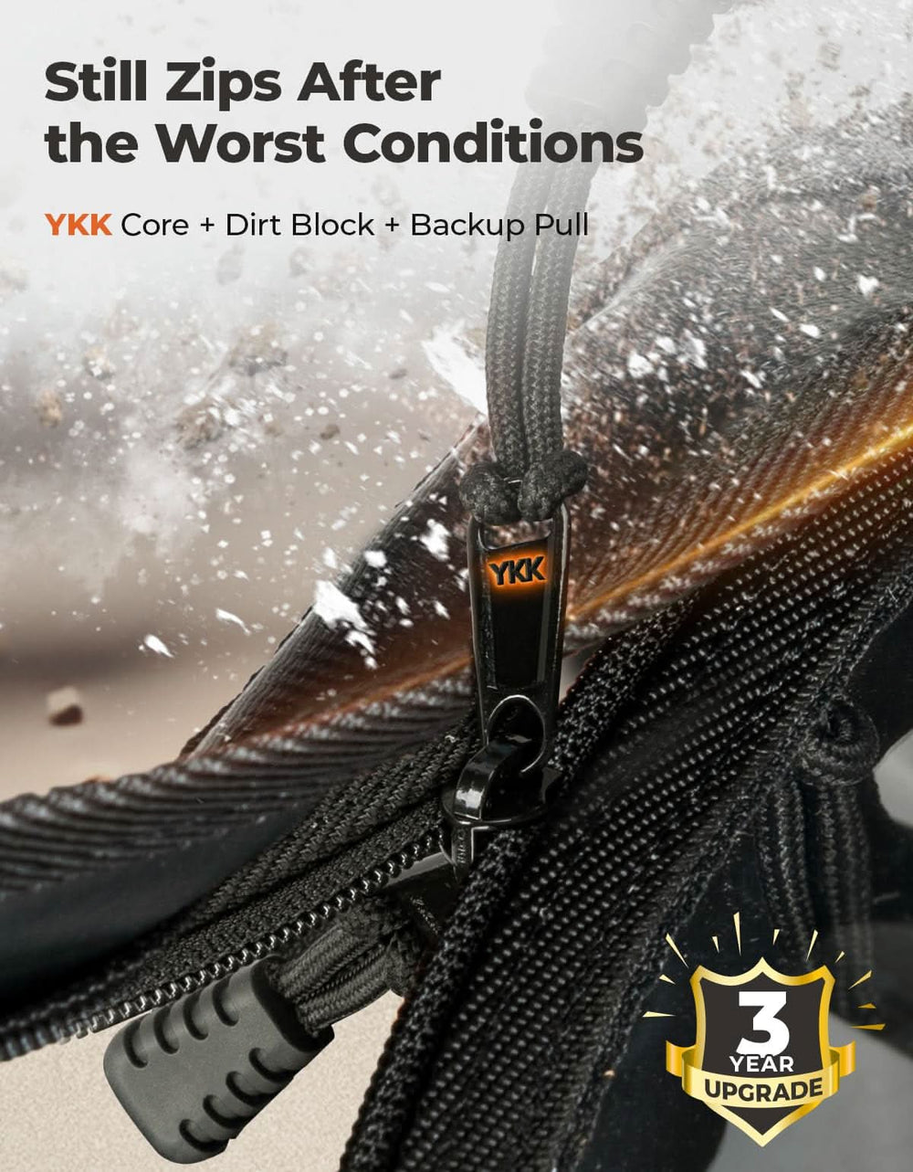 Close-up of a zipper with YKK in extreme conditions