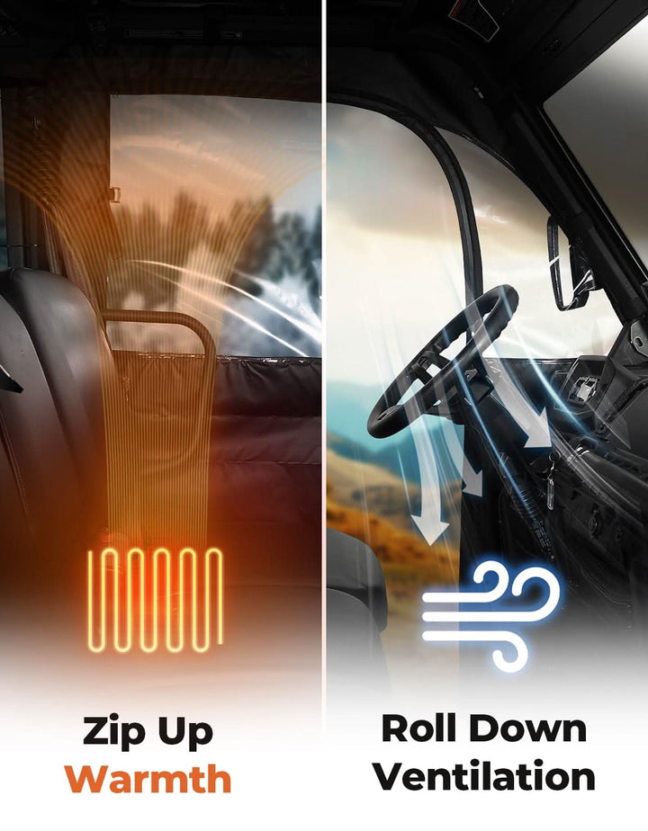 Two car interior features labeled 'Zip Up Warmth' and 'Roll Down Ventilation'.