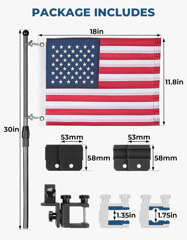 2-Pack Boat American Flag Pole Kit with 360° Adjustable Mount for Pontoon Rails and Golf Carts - Kemimoto