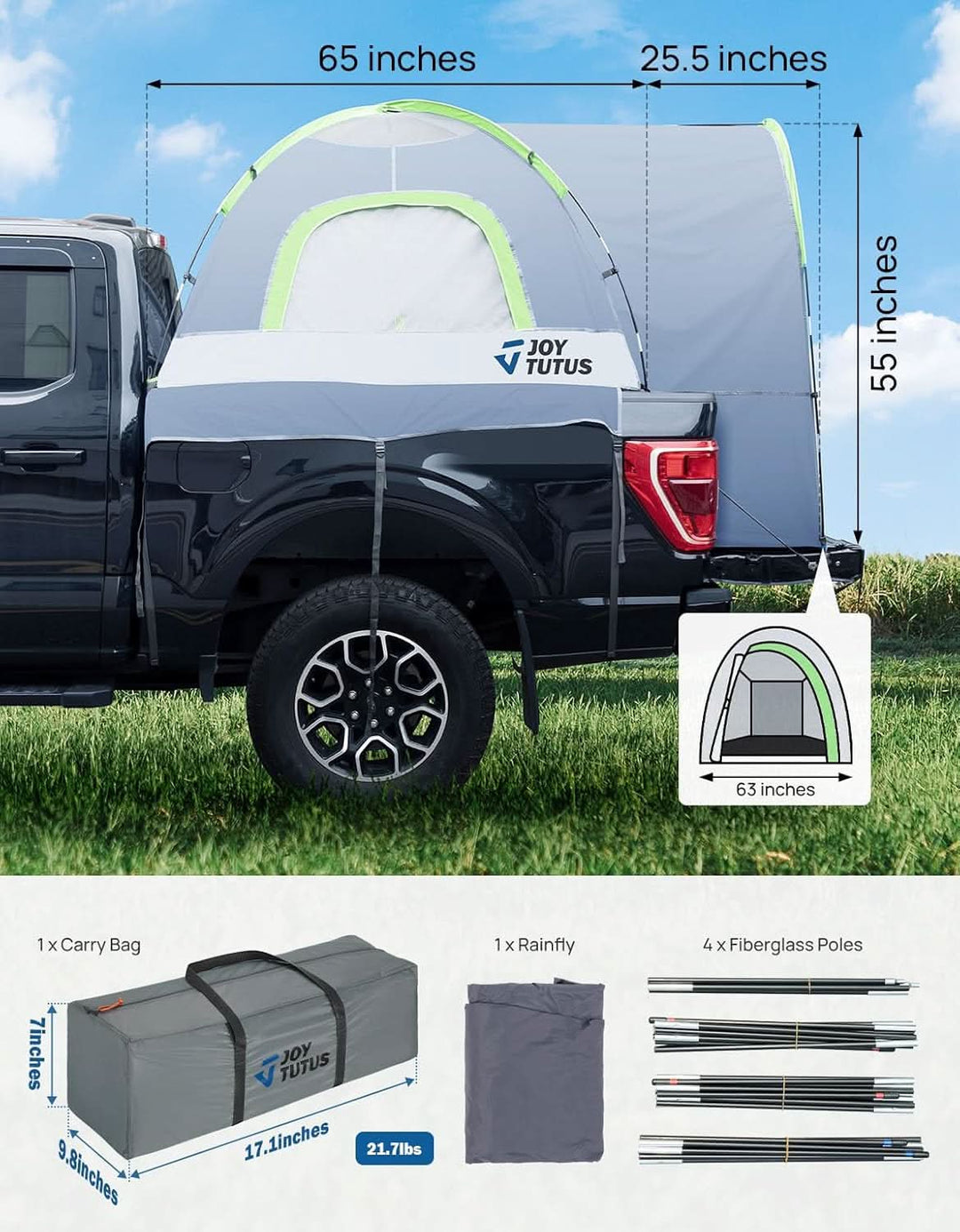 JOYTUTUS Truck Tent with Rainfly 5.5Ft-6Ft - Kemimoto